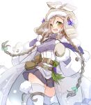  1girl :d atelier_(series) atelier_firis belt_pouch braid breasts breath brown_hair brown_hat coat commentary_request cowboy_shot firis_mistlud firis_mistlud_(snow_bright) green_eyes grey_coat hat highres karasumi_(aiseec) long_hair long_sleeves looking_at_viewer medium_breasts mittens official_alternate_costume open_mouth pom_pom_(clothes) pouch purple_skirt purple_sweater skirt smile solo standing sweater twin_braids very_long_hair white_background winter_clothes 