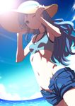  ;) aikatsu! aikatsu!_(series) armpits bangs bikini_top blue_eyes blue_hair blush breasts clearite closed_mouth cloud cowboy_shot day denim denim_shorts dutch_angle fisheye from_side groin hands_on_headwear hat highres hips kiriya_aoi lens_flare long_hair looking_at_viewer lowleg lowleg_shorts midriff navel no_panties ocean one_eye_closed open_fly outdoors short_shorts shorts sketch sky small_breasts smile solo sports_bikini stomach sun sun_hat unbuttoned unzipped wavy_hair 