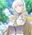  1girl blonde_hair blue_eyes breasts celia_kumani_entory highres large_breasts long_hair open_mouth school_uniform screencap sky solo standing stitched summer tree walkure_romanze 
