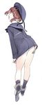  ass back bangs blunt_bangs brown_eyes brown_hair clothes_writing dress dress_tug full_body hand_on_hip hat kantai_collection long_sleeves looking_back nishieda sailor_collar sailor_dress sailor_hat shirt_tug short_hair solo sweatdrop z3_max_schultz_(kantai_collection) 