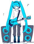  aqua_hair boots eighth_note electric_guitar guitar hatsune_miku headphones instrument limited_palette long_hair musical_note parmesan_(168n) quarter_note smile solo speaker twintails vocaloid 