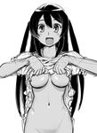  :d blush_stickers breasts captain_earth dark_skin dress dress_lift greyscale long_hair medium_breasts monochrome mutou_hana no_panties open_mouth out-of-frame_censoring sketch smile solo two_side_up ueyama_michirou underboob 