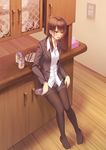  beer_can brown_hair can dish ese_shinshi office_lady open_mouth original pantyhose pencil_skirt purple_eyes skirt solo tissue_box unbuttoned 