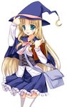  :3 ameya_kirika bag blonde_hair blue_eyes book cape character_request hand_on_headwear hat holding long_hair looking_at_viewer official_art parted_lips pleated_skirt quiz_of_walkure shoulder_bag skirt solo thighhighs very_long_hair white_legwear witch_hat zettai_ryouiki 