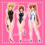  adapted_costume blonde_hair blue_eyes brown_hair character_name competition_swimsuit fate_testarossa hair_ornament high_heels highres long_hair looking_at_viewer low-tied_long_hair lyrical_nanoha mahou_shoujo_lyrical_nanoha_strikers multiple_girls one-piece_swimsuit purple_eyes red_eyes red_hair sen_(sansui) side_ponytail star swimsuit takamachi_nanoha v very_long_hair x_hair_ornament yagami_hayate 