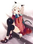  animal_ears asoka black_legwear borrowed_character cat_ears cat_tail hair_ornament hairclip looking_at_viewer original red_eyes scarf shiro_(muku) shoes short_hair silver_hair sitting solo tail thighhighs zettai_ryouiki 