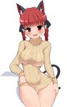  absurdres animal_ears bow braid breasts cat_ears cat_tail curvy extra_ears fang hair_bow highres kaenbyou_rin kyokutou_hentai_samurai large_breasts long_hair looking_at_viewer panties pointy_ears red_eyes red_hair ribbed_sweater simple_background smile solo sweater tail thigh_gap touhou twin_braids underwear white_panties wide_hips 