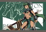  abs breasts fang genderswap genderswap_(mtf) green_hair headgear highres league_of_legends loincloth long_hair looking_at_viewer medium_breasts midriff nam_(valckiry) ponytail renekton solo torn_clothes underboob weapon wrist_guards yellow_eyes 
