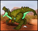 2_fingers 4_toes anus barefoot belly_scales biped black_border blue_eyes border bottomless butt claws clothed clothing desert detailed_background digitigrade dinosaur eyelashes feet female feral final_fantasy final_fantasy_xii finger_claws fingers forked_tail genitals green_body green_scales grey_claws horn ivanks leather leather_clothing long_neck long_tail long_tongue looking_at_viewer markings mid_transformation mostly_nude open_mouth outside panties penelo plant prehistoric_species pupils pussy rear_view reptile roaring scales scalie screencap screencap_background sharp_teeth shrub side_view snout solo species_transformation spots spotted_body spread_legs spreading square_enix standing stripes tail teeth thick_thighs toe_claws toes tongue tongue_out torn_clothing torn_panties torn_underwear transformation underwear unusual_anatomy unusual_tail white_clothing white_panties white_underwear worried worried_look wristband