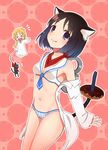  animal_ears bikini black_eyes black_hair blonde_hair cat doughnut food long_hair mado_(view85) midriff multiple_girls nichijou professor_shinonome sailor_bikini sailor_collar sakamoto_(nichijou) scarf shinonome_nano smile striped swimsuit tail tongue vertical-striped_bikini vertical_stripes winding_key 