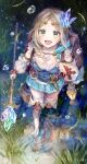  1girl :d absurdres artist_name atelier_(series) atelier_firis backpack bag blonde_hair blue_dress blurry boots braid breasts brown_bag cleavage collarbone commentary_request dagger depth_of_field detached_sleeves dress firis_mistlud frilled_sleeves frills from_above grass green_eyes highres hitoba holding holding_staff holding_strap knife light_particles looking_at_viewer medium_breasts medium_hair open_mouth parted_bangs partially_submerged puddle sheath sheathed side_braid single_braid smile solo staff standing water water_drop weapon white_sleeves 