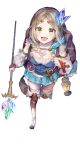  1girl :d absurdres atelier_(series) atelier_firis backpack bag blonde_hair blue_dress boots braid breasts brown_bag brown_hair cleavage collarbone commentary_request dagger detached_sleeves dress firis_mistlud frilled_sleeves frills from_above full_body green_eyes highres hitoba holding holding_staff holding_strap knife looking_at_viewer medium_breasts medium_hair open_mouth parted_bangs sheath sheathed side_braid simple_background single_braid smile solo staff standing transparent_background weapon white_sleeves 