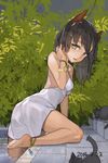  animal_ears ankleband anklet arched_back arm_support bare_shoulders barefoot black_hair bracelet brown_eyes cat dated dress jewelry leg_up long_hair looking_back original poolside solo toro_(konirio) wet wet_hair white_dress wristband 