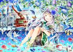  azumamutuki bad_id bad_pixiv_id bare_legs bird bug closed_eyes clownfish dragonfly flower highres in_water insect long_hair looking_at_viewer open_mouth origami original paper_crane petals silver_hair smile solo tears wind 