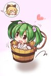  blonde_hair bow bucket fushigi_ebi green_hair hair_bobbles hair_bow hair_ornament heart hopping in_bucket in_container kisume kurodani_yamame multiple_girls open_mouth pink_background ponytail red_eyes short_hair smile touhou twintails wooden_bucket 