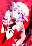  :p bad_id bad_pixiv_id bat_wings blood blood_on_face bow hat ishiaji purple_hair red_background red_eyes remilia_scarlet short_hair solo tongue tongue_out touhou wings wrist_cuffs 