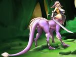  armor belt big_breasts breasts butt claws dragon female forest fur gloves hair horn huge_breasts jessica_elwood long_hair looking_at_viewer outside pink_hair purple_skin red_eyes shield smile solo standing sword taur thong tree unconvincing_armor weapon white_fur 