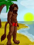  beach bulge feline grin horny lion male mammal mane muscles palms sand seaside smile sun underwear 