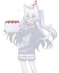  +_+ 1girl :d absurdres ahoge animal_ear_fluff animal_ears birthday_cake blush cake cardigan cat_ears cat_girl cat_tail dot_nose drinking feet_out_of_frame food fruit grey_cardigan grey_eyes grey_skirt hair_between_eyes hat highres holding holding_cake holding_food kurobeko_(kur0bek0) legs_apart long_hair long_sleeves miniskirt open_mouth original pantyhose party_hat plaid_clothes plaid_skirt pleated_skirt sidelocks simple_background skirt sleeves_past_wrists smile solo sparkle strawberry tail two_side_up v-shaped_eyebrows white_background white_hair white_pantyhose 