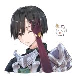  1boy 1girl armor atelier_(series) atelier_sophie_2 black_eyes black_hair closed_mouth commentary_request cropped_torso diebold_lewerenz gloves hair_between_eyes hand_in_another&#039;s_hair karasumi_(aiseec) looking_at_viewer male_focus one_eye_closed out_of_frame ramizel_erlenmeyer short_hair simple_background smile solo_focus spoken_expression upper_body white_background 