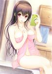  absurdres areola_slip areolae bare_shoulders black_hair blush breasts cellphone collarbone covered_nipples dutch_angle hair_between_eyes hairband highres kimi_to_kanojo_to_kanojo_no_koi. large_breasts long_hair looking_at_viewer naked_towel phone purple_eyes scan sitting smartphone smile solo sone_miyuki towel tsuji_santa wet wet_hair 