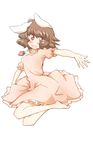  animal_ears bad_id bad_pixiv_id barefoot blush brown_hair bunny_ears dress food fruit highres inaba_tewi jumping non_(z-art) open_mouth pink_dress red_eyes short_hair short_sleeves solo strawberry touhou 