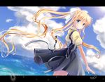  air blonde_hair blue_eyes bow cloud day hair_bow hair_ornament hair_ribbon kamio_misuzu long_hair looking_at_viewer miyato000 ocean ponytail ribbon sky smile solo sparkle very_long_hair 