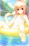  absurdres afloat antenna_hair barefoot day empty_eyes feet food highres innertube kimi_to_kanojo_to_kanojo_no_koi. mukou_aoi_(totono) one-piece_swimsuit open_mouth pink_hair pool popsicle school_swimsuit sitting soles swimsuit toes tree tsuji_santa water white_school_swimsuit white_swimsuit yellow_eyes 