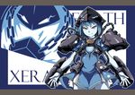  blue_eyes blue_hair blue_skin chain genderswap genderswap_(mtf) helmet highres league_of_legends looking_at_viewer nam_(valckiry) short_hair shoulder_pads smile solo xerath 