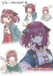  ... 1girl :d atelier_(series) atelier_sophie atelier_sophie_2 blue_coat book breasts brown_eyes character_name closed_mouth coat collared_coat commentary_request cropped_torso detached_collar flower hair_flower hair_ornament head_scarf highres holding holding_book holding_quill long_sleeves looking_at_viewer multiple_views open_book open_mouth quill red_flower red_hair red_rose rose short_hair simple_background small_breasts smile sophie_neuenmuller spoken_ellipsis translation_request upper_body watariyo white_background 