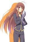  adjusting_clothes adjusting_gloves ahoge brown_hair ese_shinshi gloves highres long_hair looking_at_viewer original purple_eyes shadow simple_background solo 