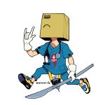  1boy \n/ ^_^ arm_belt arm_up bag bag_over_head belt black_belt blue_pants blue_shirt closed_eyes commentary faust_(guilty_gear) gloves guilty_gear guilty_gear_strive holding holding_scalpel holding_weapon male_focus medical_scrubs multicolored_footwear pants paper_bag print_shirt samecan_fa scalpel shirt shoes short_sleeves simple_background sneakers solo stethoscope stitched_torso stitches syringe weapon white_background white_gloves 