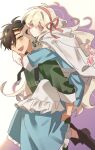  apron black_hair blue_dress carrying closed_mouth dress frilled_apron frills green_jacket hair_ribbon hairband highres jacket kagerou_project kozakura_marry long_hair long_sleeves looking_at_viewer mokemoke_chan open_mouth piggyback pink_eyes pink_hairband pink_ribbon ribbon seto_kousuke sidelocks simple_background smile very_long_hair wavy_hair white_apron white_background white_hair yellow_eyes 