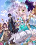  1boy armored_gloves atelier_(series) atelier_sophie_2 black_coat black_hair blue_dress blue_sky bow breasts cloud coat day detached_sleeves dress green_eyes grey_hair hair_bow highres in-universe_location karasumi_(aiseec) long_hair looking_at_viewer looking_back medium_breasts olias_enders outdoors plachta purple_bow purple_hair ramizel_erlenmeyer rock short_hair sitting sky staff thighhighs 