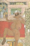 anthro areola big_breasts breasts brown_body brown_fur colored_pencil_(artwork) colored_sketch container detailed_background female fur furniture genitals gjonk grey_hair hair hi_res holding_object leg_markings lobar mammal markings mustelid nipples nude nude_female on_sofa pussy sitting sitting_on_sofa sketch socks_(marking) sofa solo spread_legs spreading traditional_media_(artwork) veemi white_body white_fur white_striped_fur