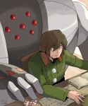  1boy artist_name book brandon_(pokemon) brown_hair chair dated green_shirt highres long_sleeves male_focus medium_hair open_book pokemon pokemon_(creature) pokemon_rse registeel shigeshiro_hideto shirt sitting solo table 