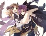  1boy 1girl :d arms_up atelier_(series) atelier_firis atelier_resleriana black_cape black_footwear black_gloves boots braid brown_hair cape carrying chuunibyou closed_mouth commentary_request dress firis_mistlud firis_mistlud_(crystaler_of_rose) glint gloves green_eyes hair_over_one_eye hand_over_eye high_heel_boots high_heels highres holding holding_staff karasumi_(aiseec) long_hair looking_at_viewer official_alternate_costume open_mouth princess_carry purple_eyes purple_hair revy_berger short_hair simple_background smile staff standing white_background white_dress 