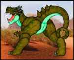 2_fingers 4_toes after_transformation angry anus barefoot belly_scales biped black_border blue_eyes blue_sclera border butt claws clothing desert detailed_background digitigrade dinosaur eyelashes feet female feral final_fantasy final_fantasy_xii finger_claws fingers forked_tail genitals green_body green_scales grey_claws horn ivanks leather leather_clothing long_neck long_tail long_tongue looking_at_viewer markings nude open_mouth outside penelo plant prehistoric_species pupils pussy raised_tail rear_view reptile roaring scales scalie screencap screencap_background sharp_teeth shrub slit_pupils snout solo species_transformation spots spotted_body spread_legs spreading square_enix standing stripes tail teeth thick_thighs toe_claws toes tongue tongue_out transformation unusual_anatomy unusual_tail wristband