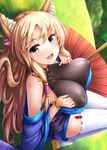  :d animal_ears blonde_hair bodysuit breast_squeeze breasts covered_nipples fang fox_ears highres impossible_bodysuit impossible_clothes japanese_clothes kimono large_breasts long_hair looking_at_viewer lying on_back open_mouth oriental_umbrella original pink_eyes ribbon-trimmed_legwear ribbon_trim sandals short_kimono smile solo thighhighs umbrella uni8 very_long_hair white_legwear 