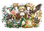  adachi_yousuke aqua_eyes bird blonde_hair breasts cat cleavage dress eagle freyja_(p&amp;d) hat long_hair medium_breasts official_art open_mouth pig pointy_ears puzzle_&amp;_dragons reaching smile solo 