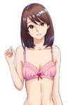  bow bow_bra bra breasts brown_eyes brown_hair cleavage danchizuma_collection earrings jewelry kaburagi_yuki long_hair mature navel official_art original pink_bra simple_background small_breasts solo underwear white_background 