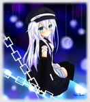  :/ absurdres bad_id bad_pixiv_id black_legwear blurry blush depth_of_field detached_sleeves green_eyes hat highres long_hair looking_at_viewer original signature silver_hair sitting solo thighhighs yamine_kuro zettai_ryouiki 