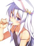  blue_eyes blush camisole flat_chest food hammer_and_sickle hat hibiki_(kantai_collection) highres kantai_collection long_hair looking_at_viewer off_shoulder popsicle racer_(magnet) sexually_suggestive simple_background solo star verniy_(kantai_collection) white_background white_hair 