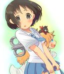  bag black_eyes black_hair blonde_hair blue_eyes cat labcoat long_hair multiple_girls nichijou professor_shinonome sakamoto_(nichijou) scarf school_uniform shinonome_nano smile tokisadame_school_uniform uzu86_(toritoritotori) winding_key 