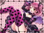  :d \m/ bat_wings breasts brown_eyes cheria_barnes cleavage clenched_hand garter_straps gloves horns medium_breasts miyato000 open_mouth pink_hair polka_dot polka_dot_legwear purple_legwear smile solo tales_of_(series) tales_of_graces thighhighs two_side_up wings 