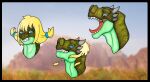accessory anthro belly_scales black_border blonde_hair blue_eyes border clenched_teeth desert detailed_background dinosaur eyelashes fangs female feral final_fantasy final_fantasy_xii front_view green_body green_scales hair hair_accessory hair_loss hairband headshot_portrait horn ivanks long_neck long_tongue looking_at_viewer markings medium_hair mid_transformation open_mouth outside penelo plant portrait prehistoric_species pupils reptile roaring scales scalie screencap screencap_background sharp_teeth shrub slit_pupils snout solo species_transformation spots spotted_body square_enix stripes teeth tongue tongue_out transformation worried worried_look