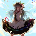  arms_behind_head arms_up backlighting blue_hair blue_sky center_frills cloud cloudy_sky day fisheye food fruit hat highres hinanawi_tenshi long_hair looking_at_viewer outdoors peach pink_eyes puffy_short_sleeves puffy_sleeves rainbow_order shaded_face shirt short_sleeves shuzi skirt sky solo touhou very_long_hair wind 