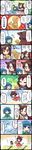  4girls :&lt; :3 :d ? ^_^ absurdres animal_ears arms_up bag blue_eyes blue_hair bow bowl brooch brown_eyes brown_hair closed_eyes comic detached_sleeves fang fish flying_sweatdrops food gohei hair_bow hair_tubes hakurei_reimu hands_on_own_cheeks hands_on_own_face hat head_fins highres imaizumi_kagerou japanese_clothes jewelry jumping kimono long_image long_sleeves mermaid minigirl monster_girl multiple_girls o_o obi open_mouth poking pote_(ptkan) purple_hair red_eyes sash shirt sitting skirt smile soaking_feet sukuna_shinmyoumaru sweat tail taiyaki tall_image tatami tears touhou translated wagashi wakasagihime wide_sleeves wolf_ears wolf_tail |_| 