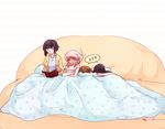  4girls barefoot bed black_hair blanket blush book brown_hair chim dress earphones hat jakuzure_nonon kill_la_kill kiryuuin_satsuki lying_on_person mankanshoku_mako matoi_ryuuko multiple_girls pillow pink_hair shirt short_hair speech_bubble t-shirt zzz 