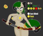  anthro anthrofied black_hair blind bow breasts coin earth_pony equine eyeshadow female friendship_is_magic green_hair hair horse jrvanesbroek katana makeup mammal model_sheet my_little_pony nipples original_character pony solo standing sword two_tone_hair weapon wide_hips 